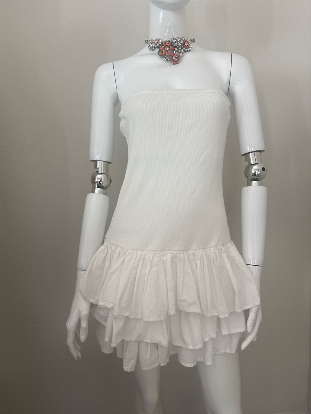 Say What? White Strapless Ruffle-Tier Mini Dress